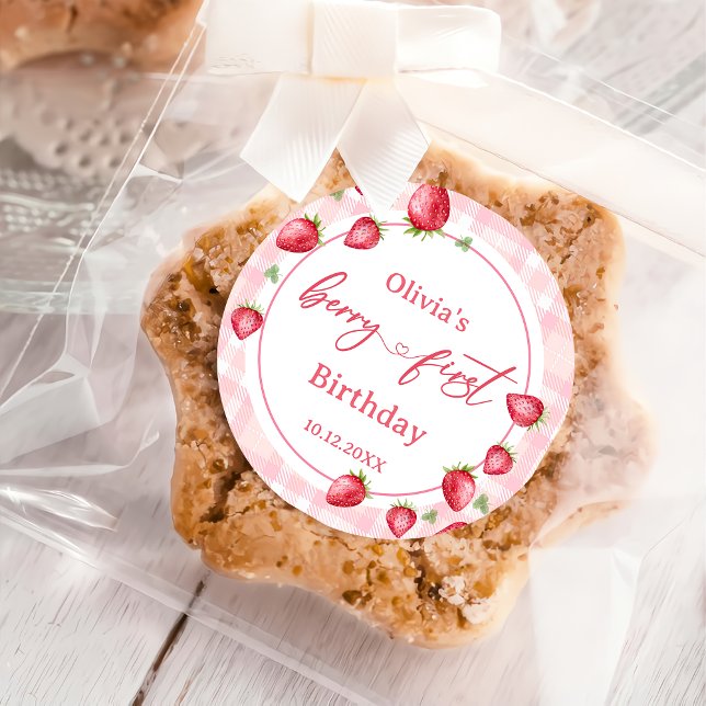 Pink Gingham Strawberry Birthday Classic Round Sticker (Creator Uploaded)