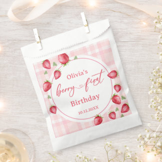 Pink Gingham Strawberry Birthday Favor Bag