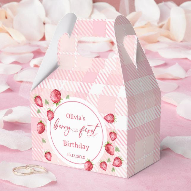 Pink Gingham Strawberry Birthday Favor Boxes (Wedding)