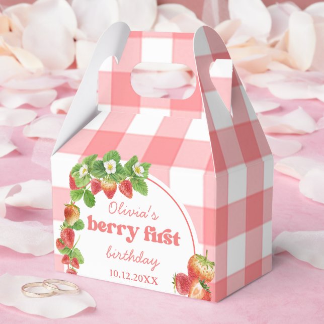 Pink Gingham Strawberry Birthday Favor Boxes (Wedding)