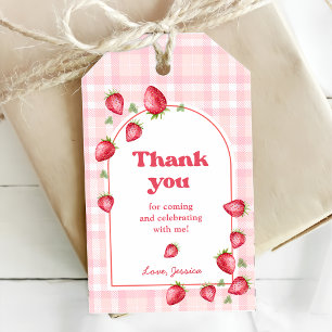 Pink Gingham Strawberry Birthday Gift Tags