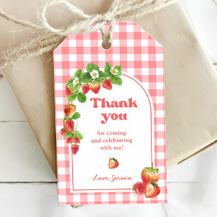 Pink Gingham Strawberry Birthday Gift Tags