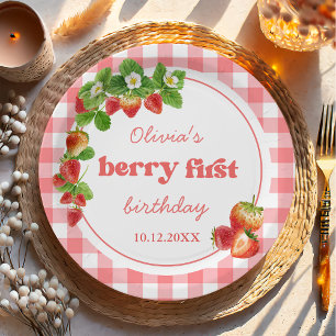 Pink Gingham Strawberry Birthday Paper Plates