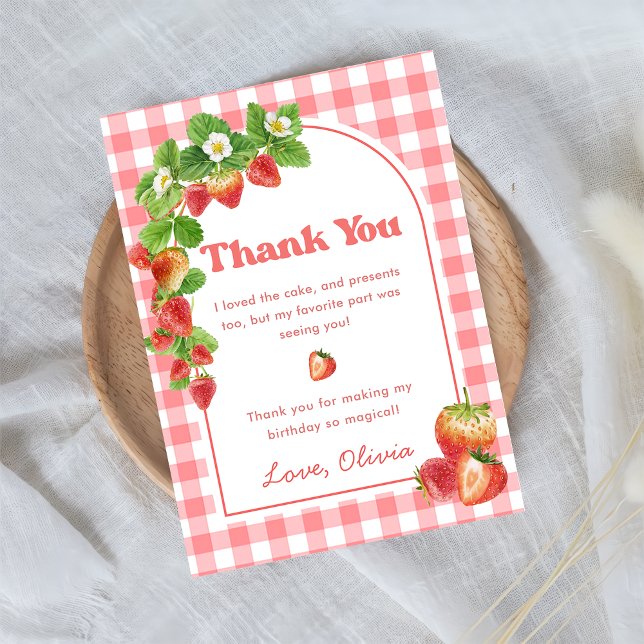 Pink Gingham Strawberry Birthday Thank You Card (Creator Uploaded)