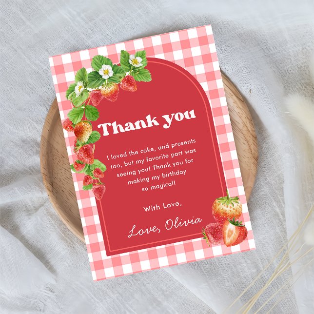 Pink Gingham Strawberry Birthday Thank You Card (Creator Uploaded)
