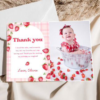 Pink Gingham Strawberry Birthday Thank You Card