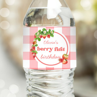 Pink Gingham Strawberry Birthday Water Bottle Label