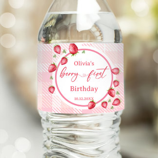 Pink Gingham Strawberry Birthday Water Bottle Label