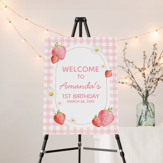 Pink Gingham Strawberry Birthday Welcome Sign (In Situ (Stand))