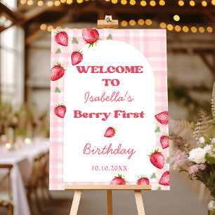 Pink Gingham Strawberry Birthday Welcome Sign
