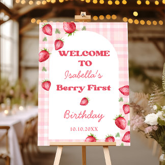 Pink Gingham Strawberry Birthday Welcome Sign