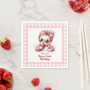 Pink Gingham Strawberry Chic Berry First Birthday Napkins