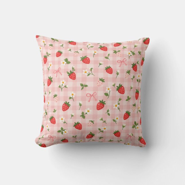 Pink Gingham Strawberry Daisy Bow Pattern Throw Pillow (Front)