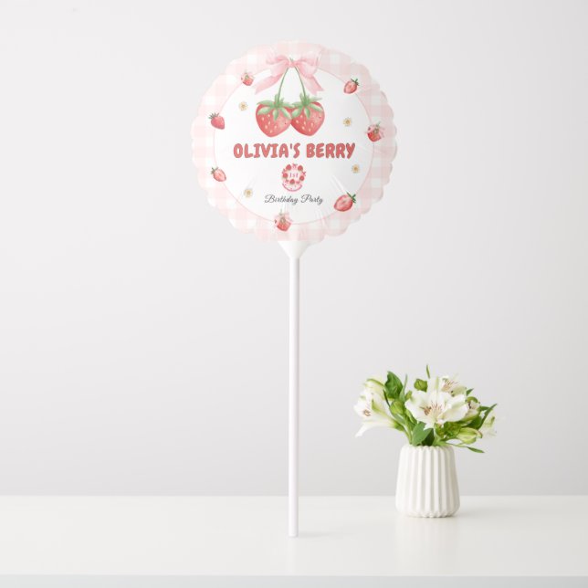 Pink Gingham Strawberry First Birthday Balloon (In SItu)