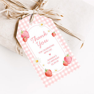 Pink Gingham Strawberry First Birthday Favor Tags