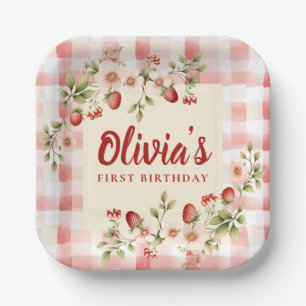 Pink Gingham Strawberry Floral Birthday Paper Plates