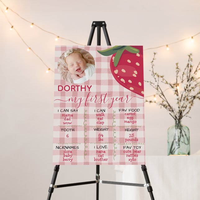 Pink Gingham Strawberry My First Year  Foam Board (In Situ (Stand))