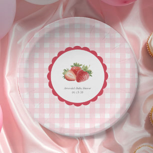 Pink Gingham-Strawberry themed Baby Girl Shower Paper Plates