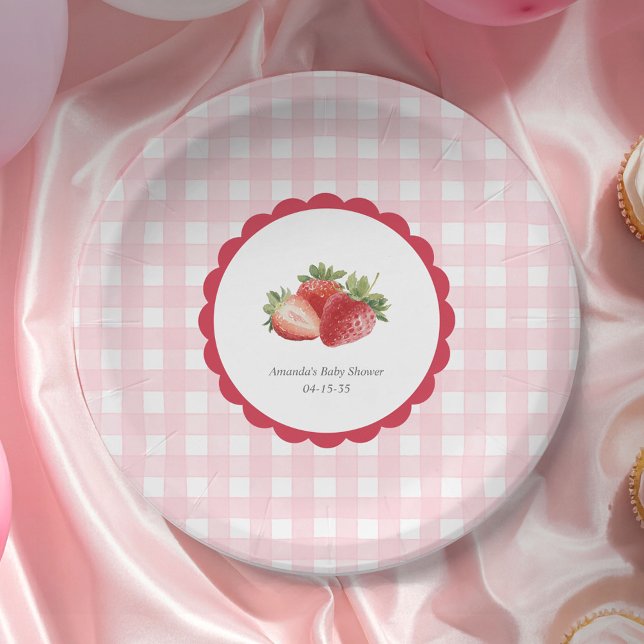 Pink Gingham-Strawberry themed Baby Girl Shower Paper Plates (Berry Sweet Baby Girl Shower Paper Plate. Strawberry with pink gingham patterned party plates.)