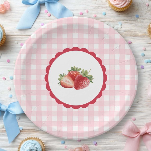 Pink Gingham-Strawberry themed  Paper Plates (Pink Gingham with strawberry Paper plate for any party.)