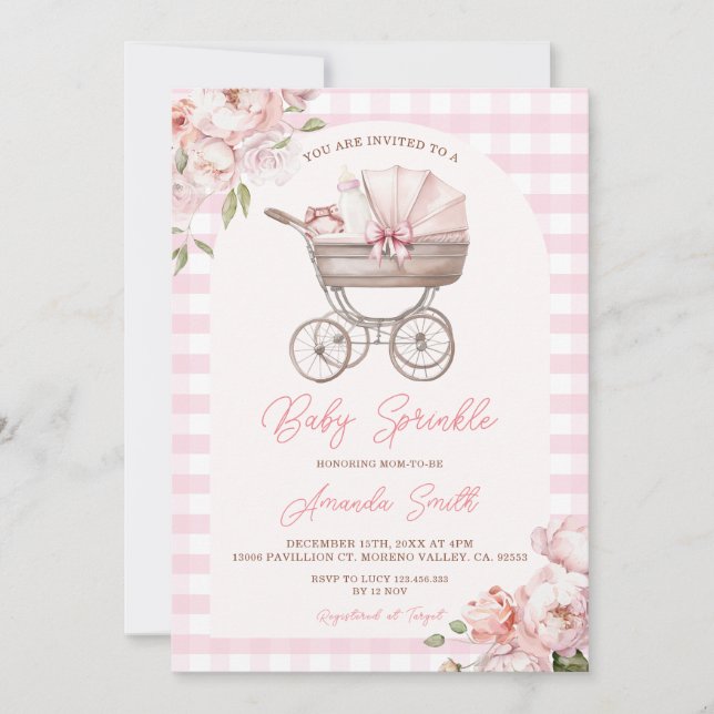 Pink Gingham Stroller Floral Girl Baby Sprinkle Invitation (Front)