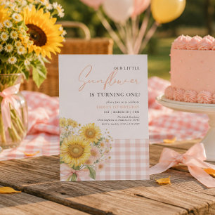 Pink Gingham Sunflower 1st Birthday  Invitation