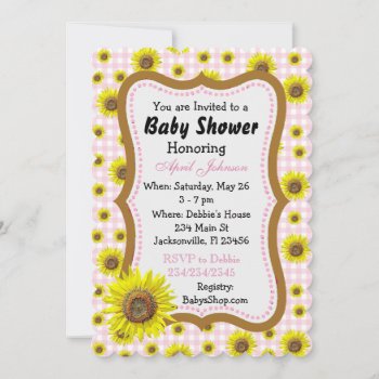 Pink Gingham Sunflower  Baby Shower Invites by Magical_Maddness at Zazzle