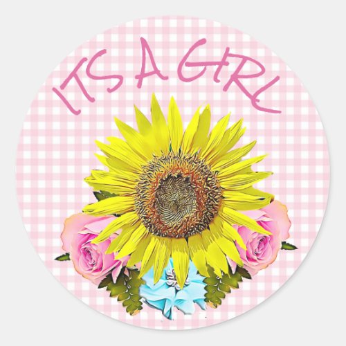 Pink Gingham Sunflower BABY SHOWER  Stickers