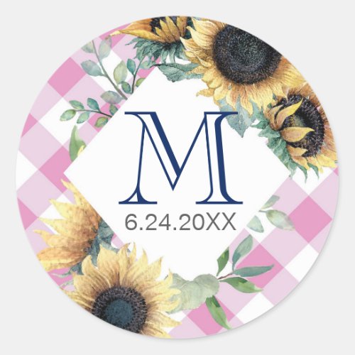 Pink Gingham Sunflower Thank You Classic Round Sticker