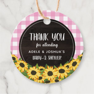 Pink Gingham & Sunflowers Baby-Q Shower Thank You Favor Tags