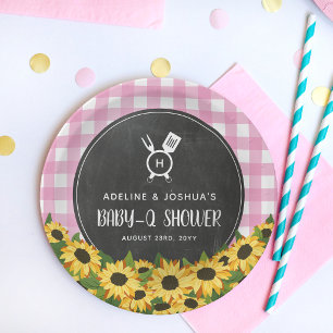 Pink Gingham Sunflowers Chalkboard Baby-Q Shower Paper Plates