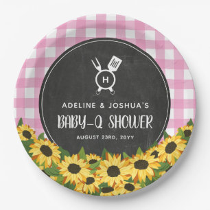 Pink Gingham Sunflowers Chalkboard Baby-Q Shower Paper Plates