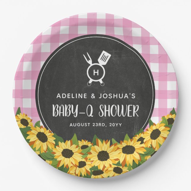 Pink Gingham Sunflowers Chalkboard Baby-Q Shower Paper Plates (Front)