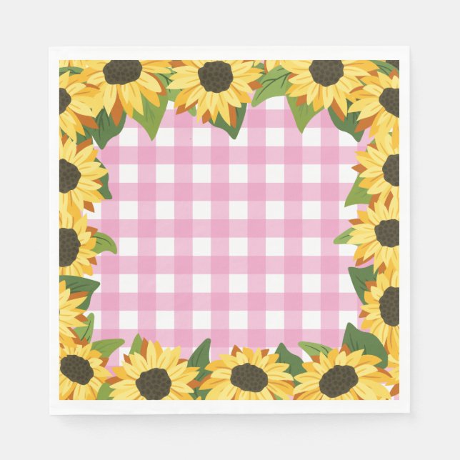 Pink Gingham & Sunflowers Napkins (Front)