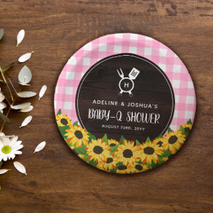 Pink Gingham & Sunflowers Rustic Baby-Q Shower Paper Plates