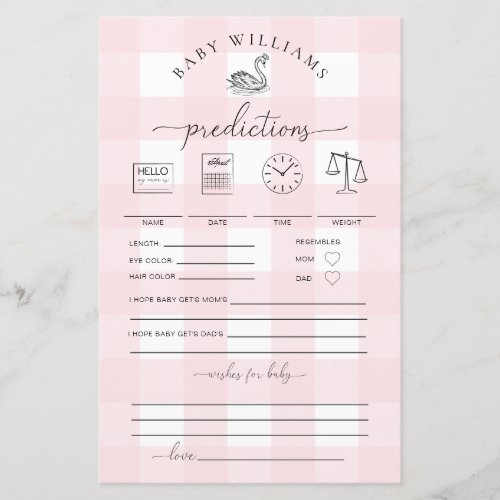 Pink Gingham Swan Baby Predictions Game