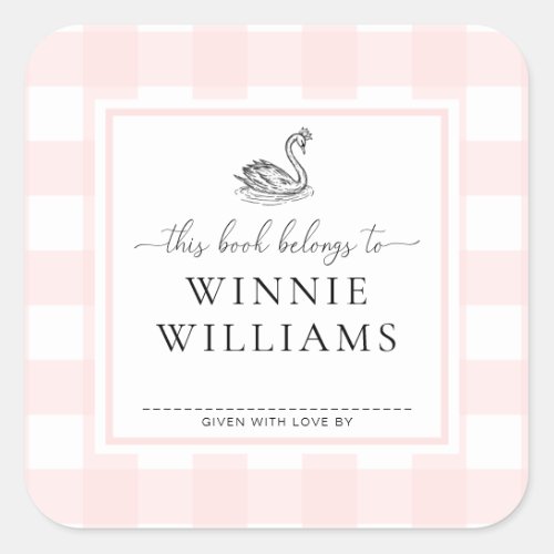 Pink Gingham Swan Bookplate Sticker