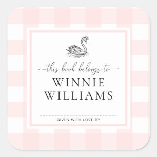 Pink Gingham Swan Bookplate Sticker