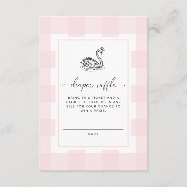 Pink Gingham Swan Diaper Raffle Ticket Enclosure Card (Front)