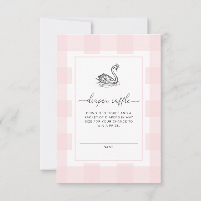 Pink Gingham Swan Diaper Raffle Ticket Enclosure Invitation (Front)