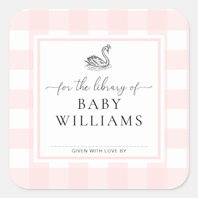 Pink Gingham Swan For The Library Of Bookplate (Front)