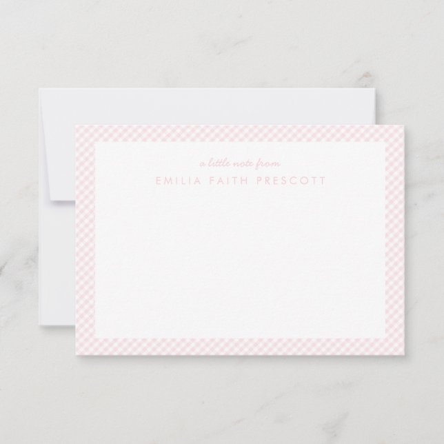 Pink gingham sweet personalized kid's stationery (Front)