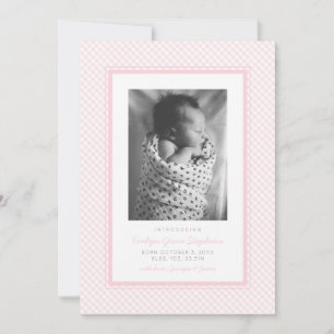 Pink gingham sweet plaid birth announcement