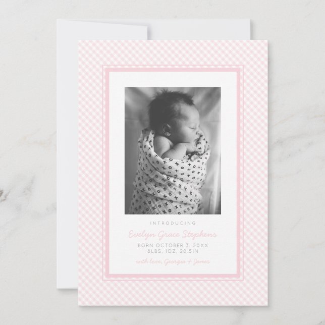 Pink gingham sweet plaid birth announcement (Front)
