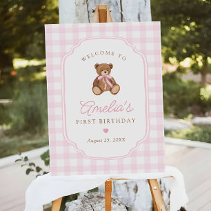 Pink Gingham Teddy Bear 1st Birthday Welcome Foam Board