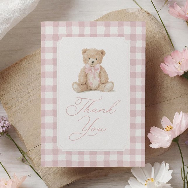 Pink Gingham Teddy Bear Baby Shower Thank You Card (Creator Uploaded)
