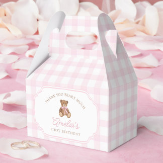 Pink Gingham Teddy Bear Beary First Birthday Favor Boxes