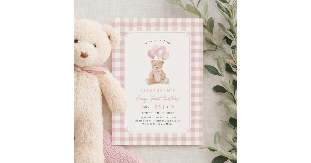 Pink Gingham Teddy Bear Beary First Birthday Invitation | Zazzle