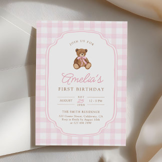 Pink Gingham Teddy Bear Beary First Birthday Invitation