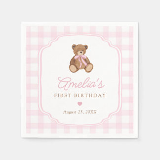 Pink Gingham Teddy Bear Beary First Birthday Napkins